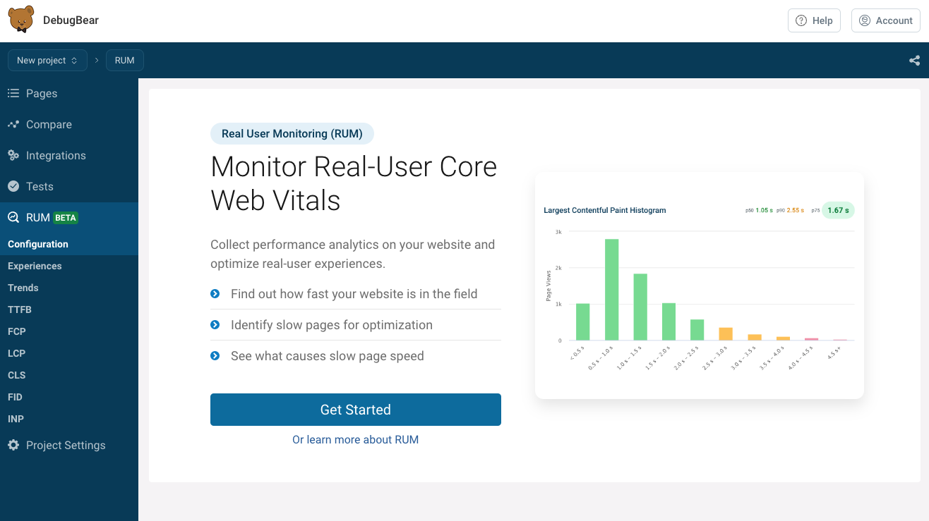 RUM get started button in DebugBear