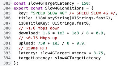 Chrome source code showing target network conditions and applied values