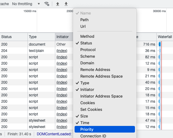 Chrome DevTools network column selector