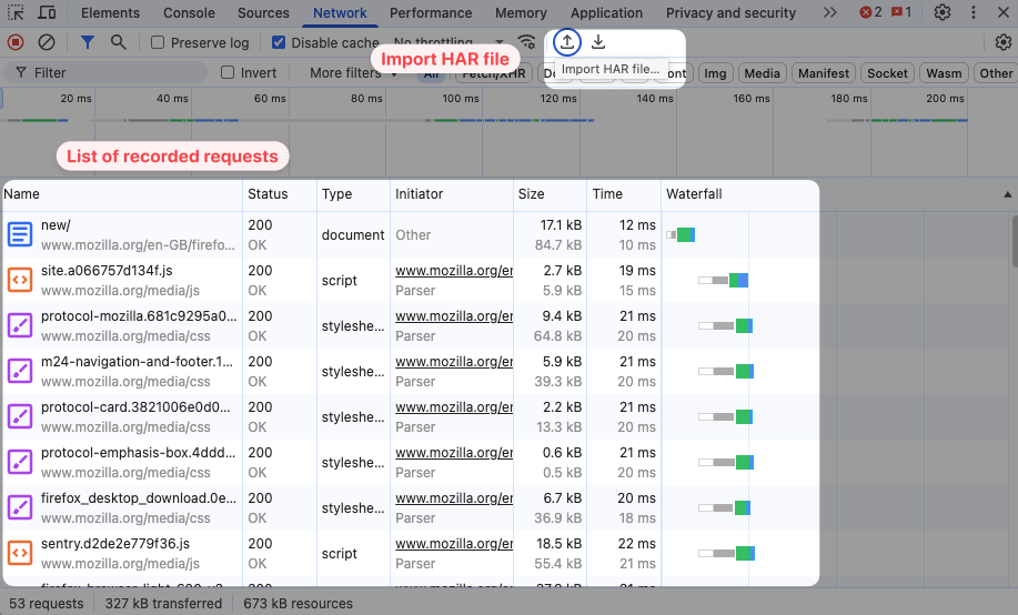 HAR import in Chrome DevTools