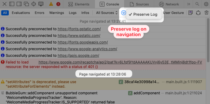 Preserve logs on navigation in Safari