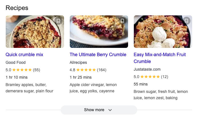 Google search - recipes, rich data