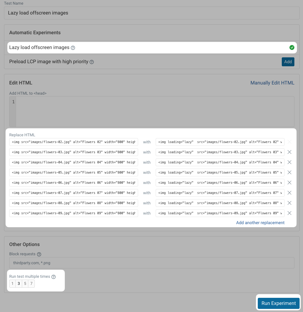 Page Speed Experiments configuration in DebugBear
