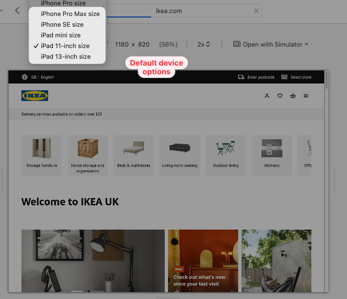 Device options in Safari developer tools
