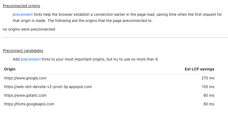 Preconnect insights in Lighthouse