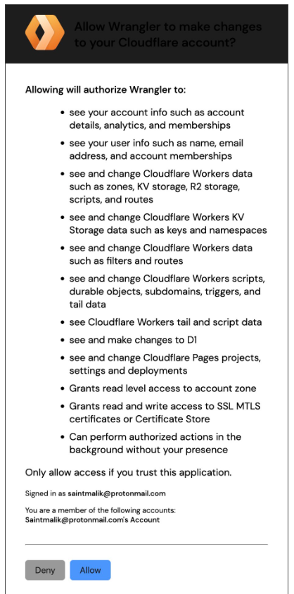Аутентификация интерфейса командной строки Wrangler с помощью вашей учетной записи Cloudflare.