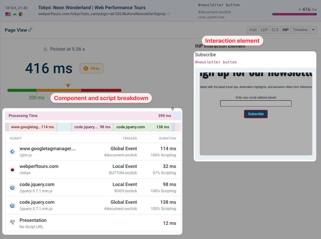 INP page view with scripts