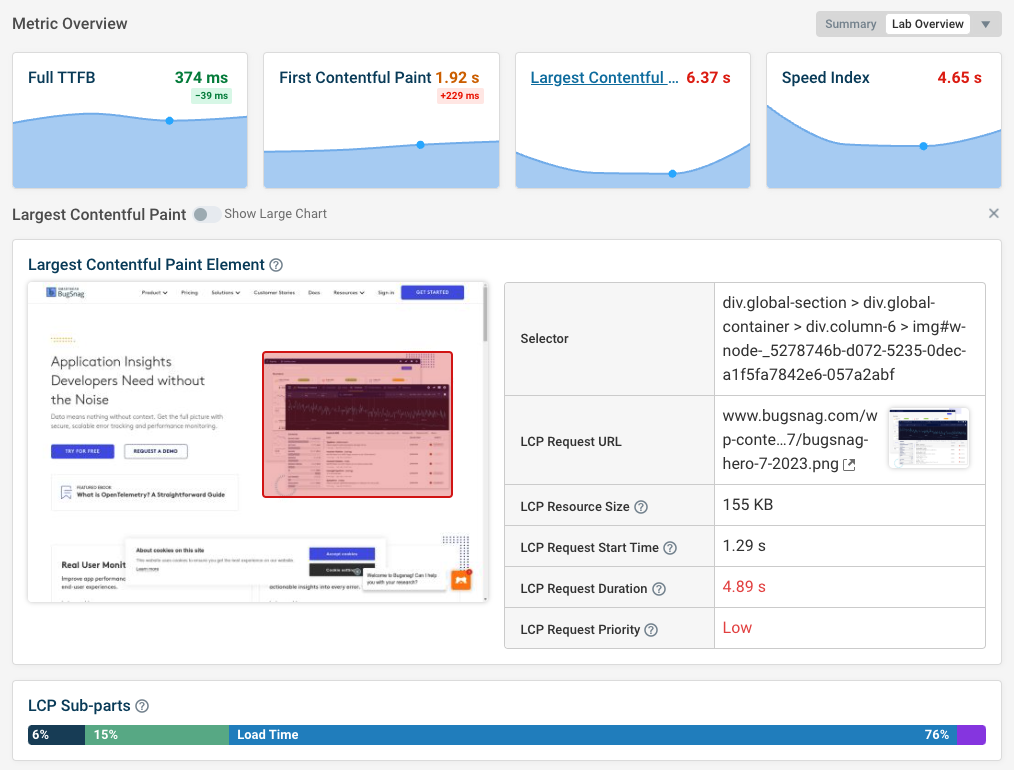 Page speed monitoring UI