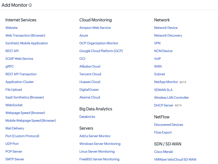 Site24x7 monitoring types