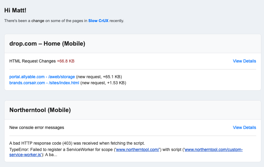 Web performance email alert