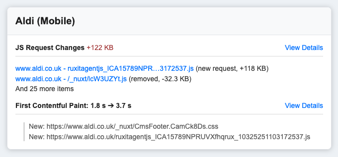 Email showing an LCP regression and new errors