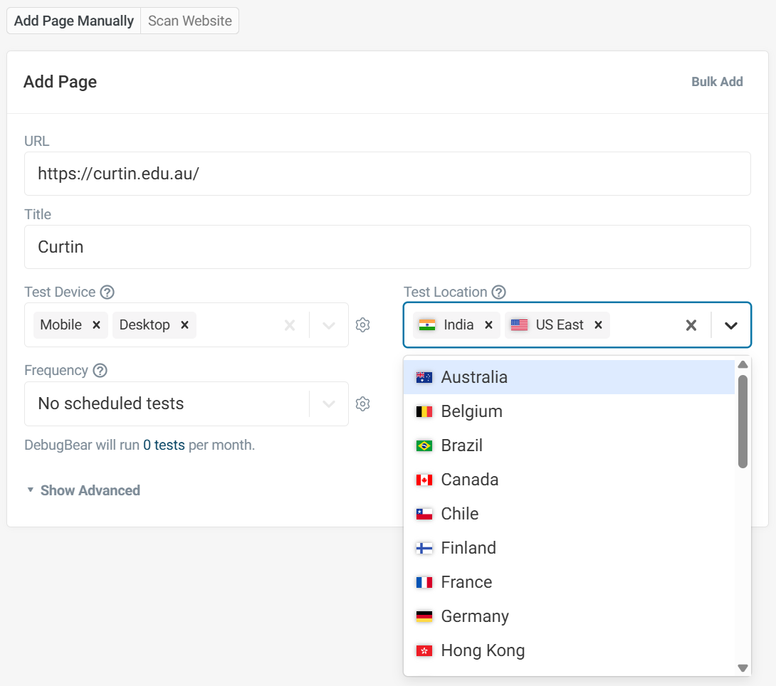 Select test location for synthetic test
