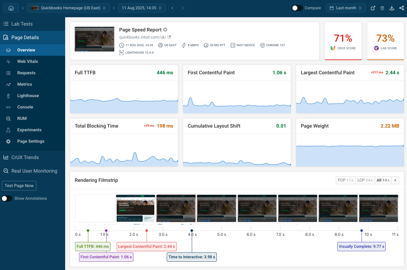 Synthetic website monitoring report