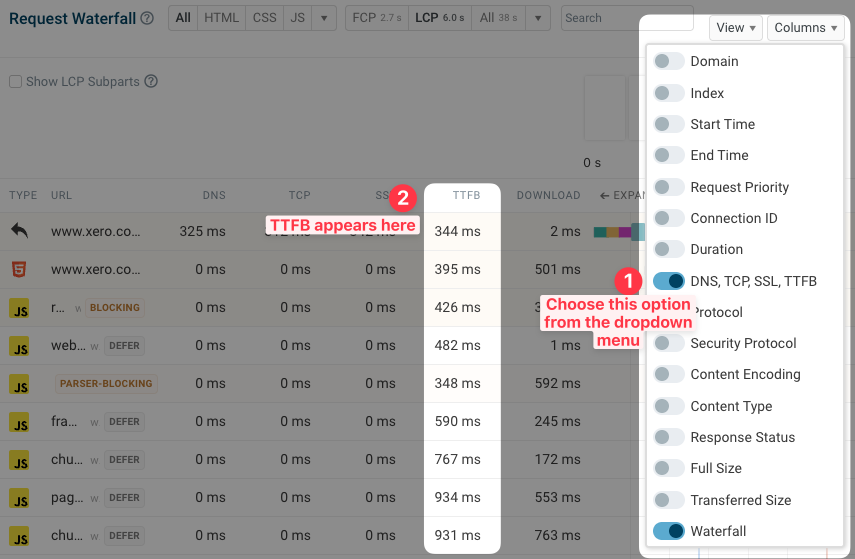 Per-request time to first byte analytics