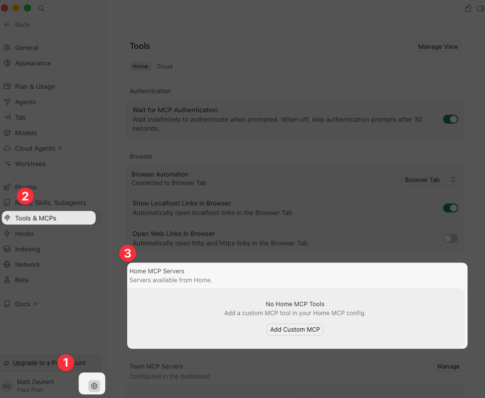 Cursor Tools and MCPs settings page