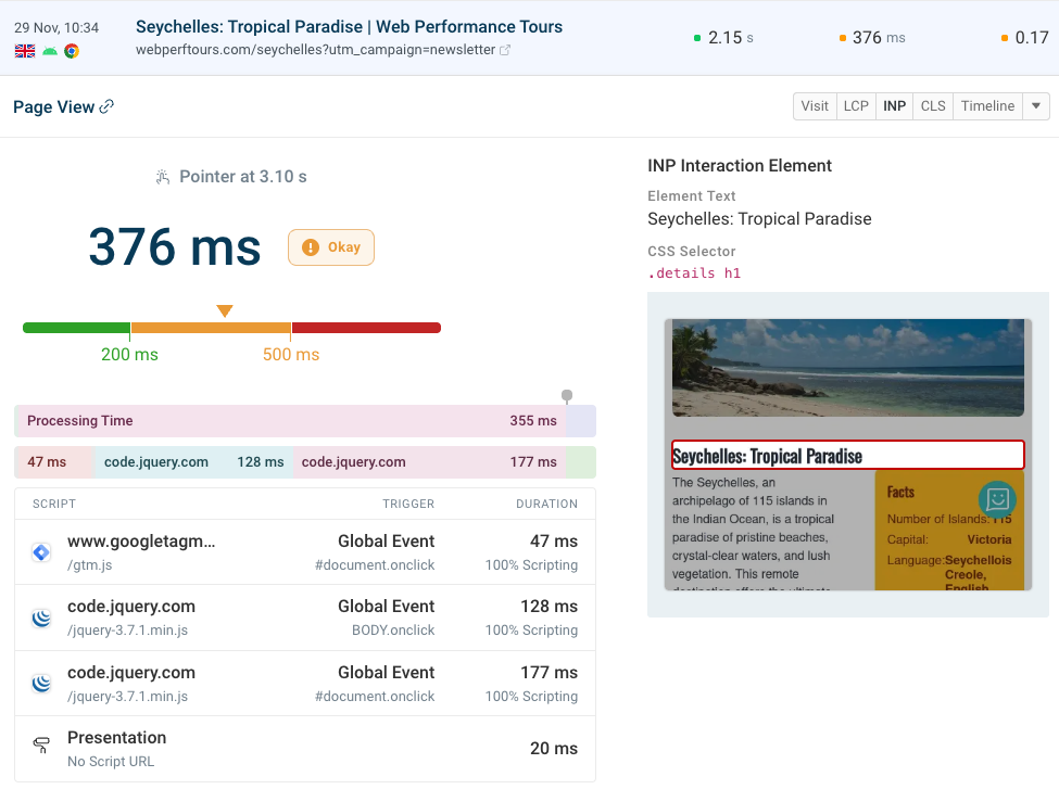 INP score details in real user monitoring data