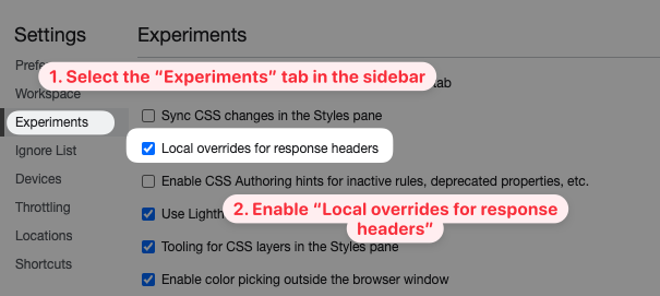 DevTools Experiments menu