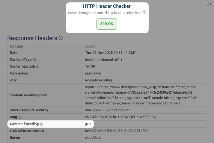 Content encoding header in the HTTP header checker