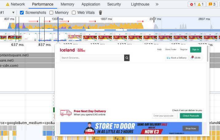 DevTools performance profile showing an early page snapshot with empty space