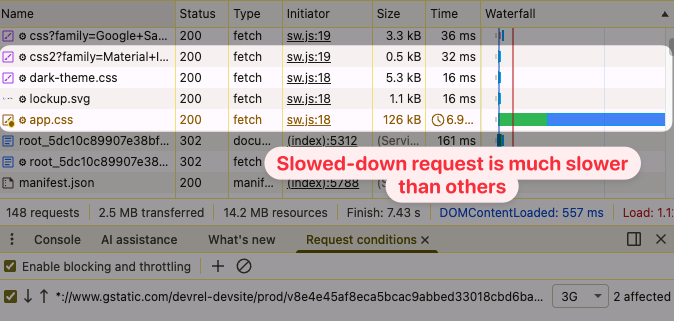 Waterfall in DevTools showing slow CSS request