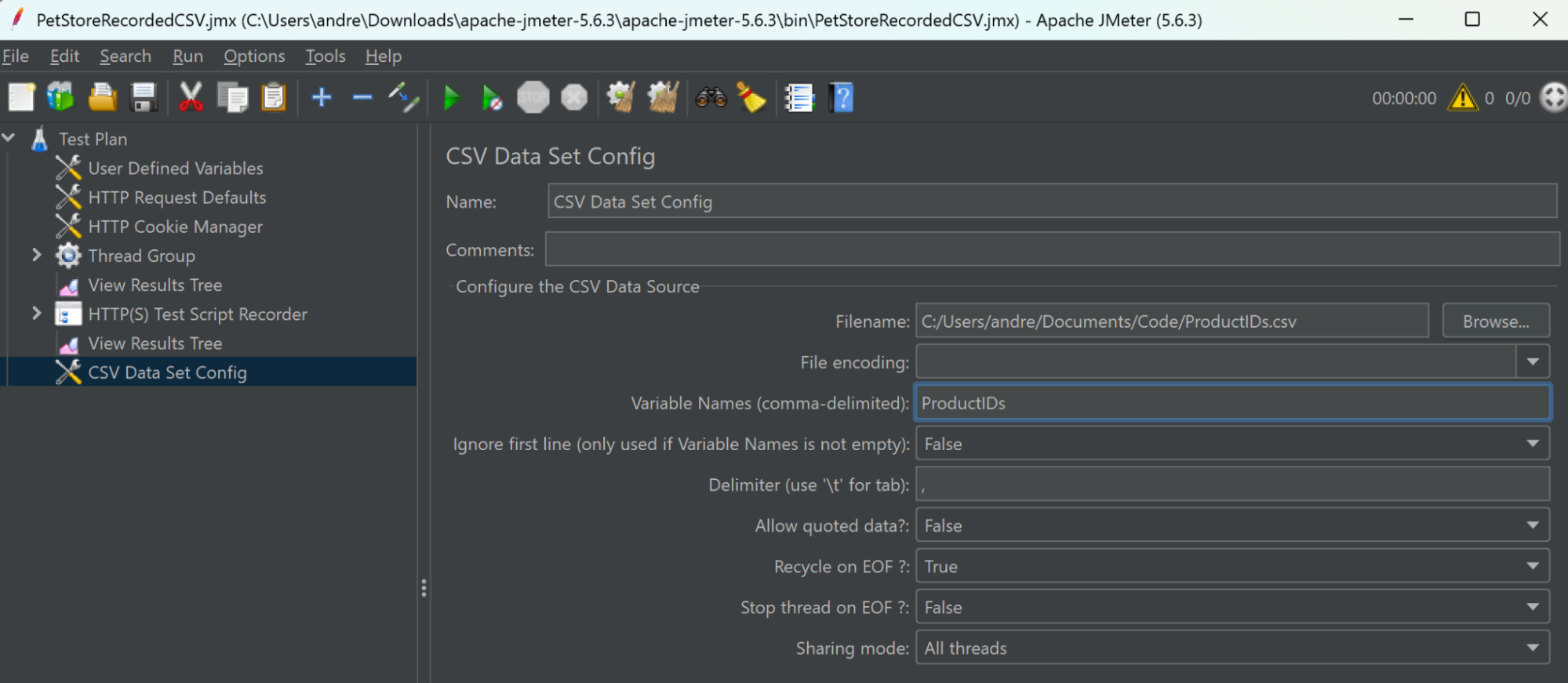 CSV data set configuration screen in Jmeter