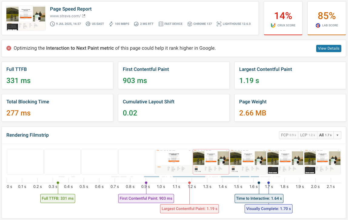 Website speed test results in DebugBear