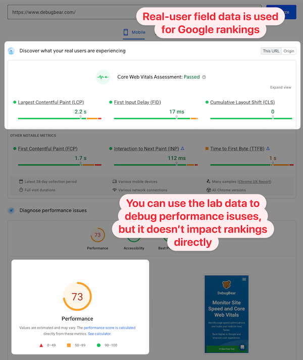 PageSpeed Insights screenshot showing field data at the top and lab data the bottom