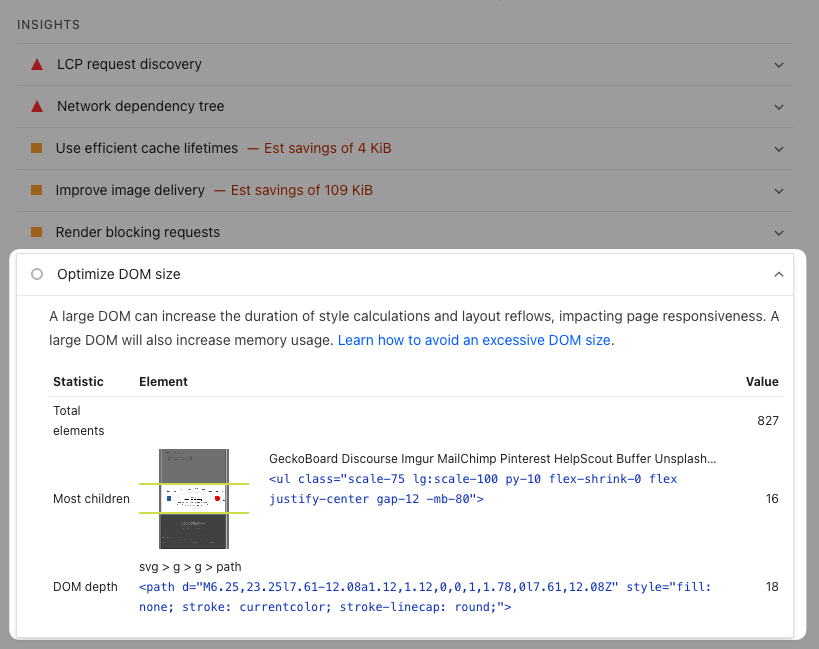 Screenshot of Lighthouse audit for DOM size optimization
