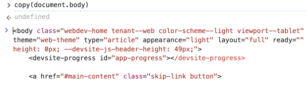 copy function in the browser console