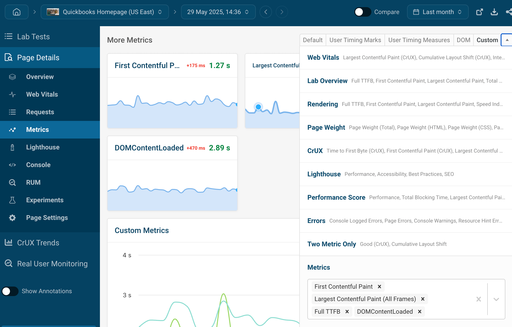Select custom metrics in the dropdown