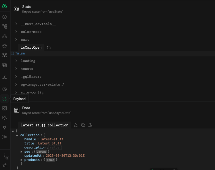 Nuxt DevTools showing payload data