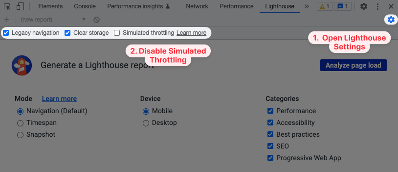 Disabling simulated throttling in Lighthouse