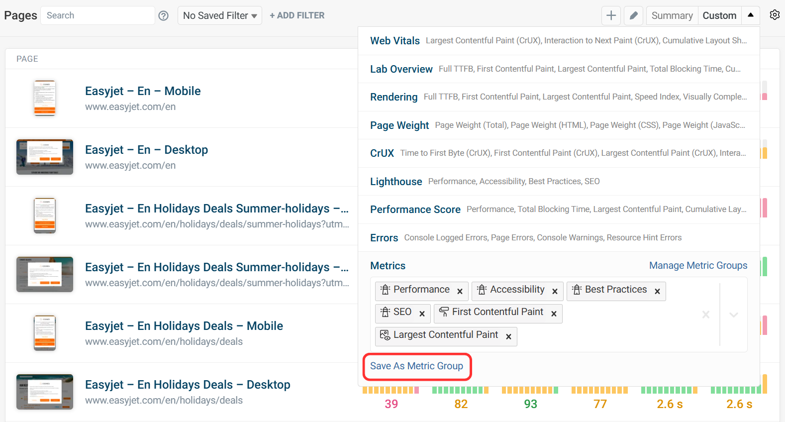 Saving a Metric Group in DebugBear