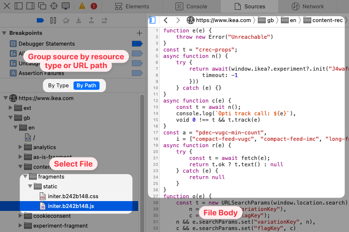File selection in the Safari sources tab