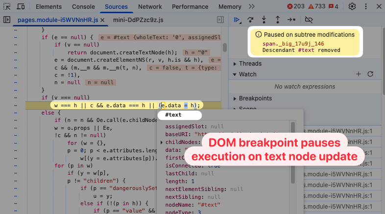 DOM breakpoint showing a text node modification