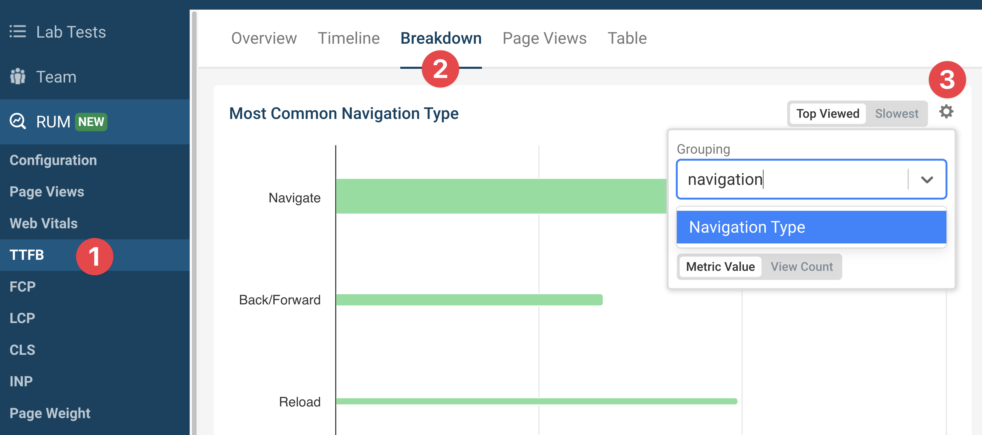 Instructions for viewing navigation types in RUM data