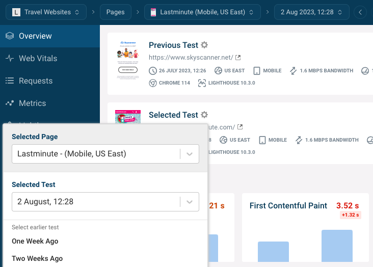 View of selected tests and gear dropdown for changing it