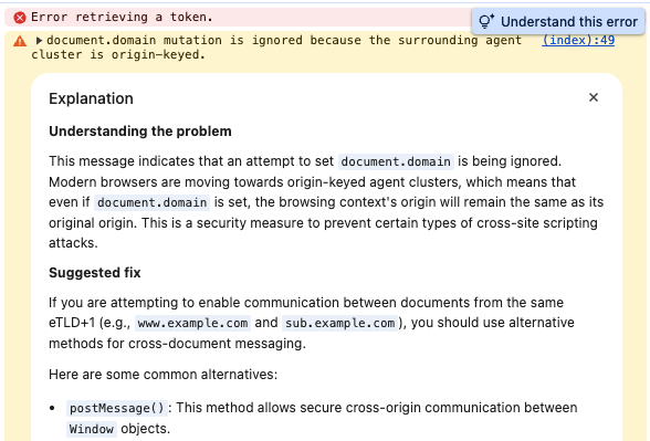 AI Console insights explanation of a console warning