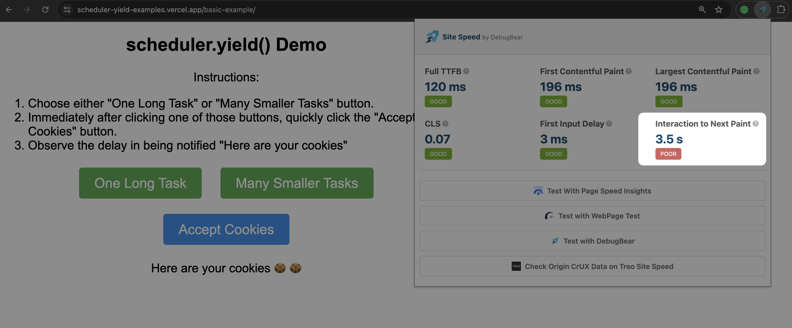 Site Speed by DebugBear extension for the basic scheduler.yield demo