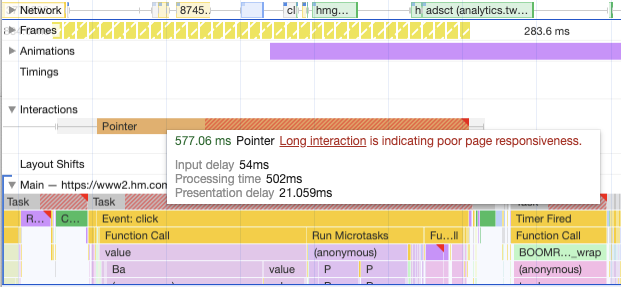 Interaction INP breakdown data in Chrome DevTools