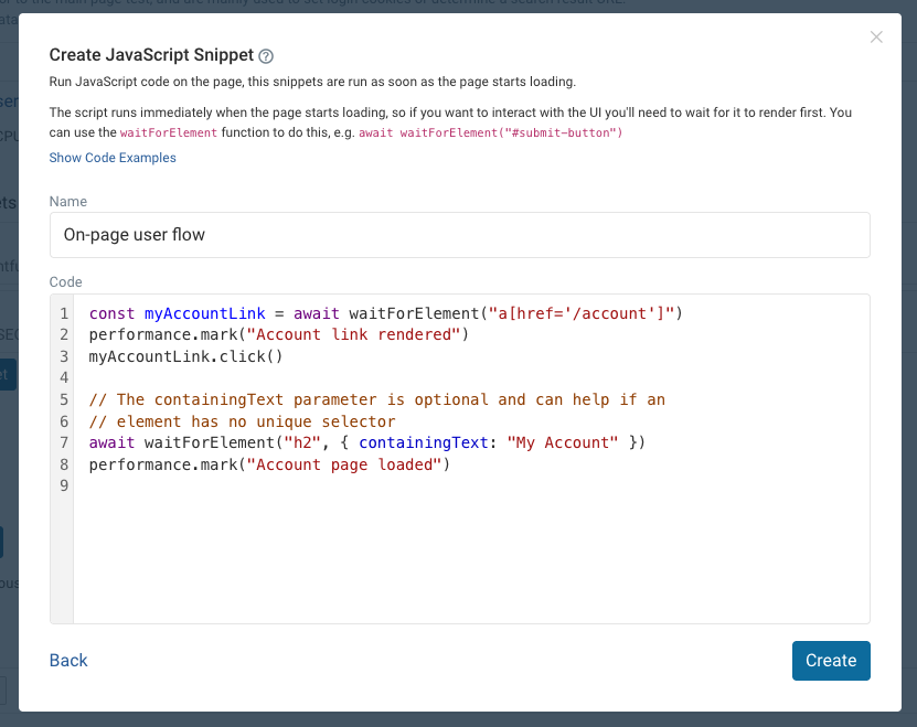 Script capturing custom timings in user journey