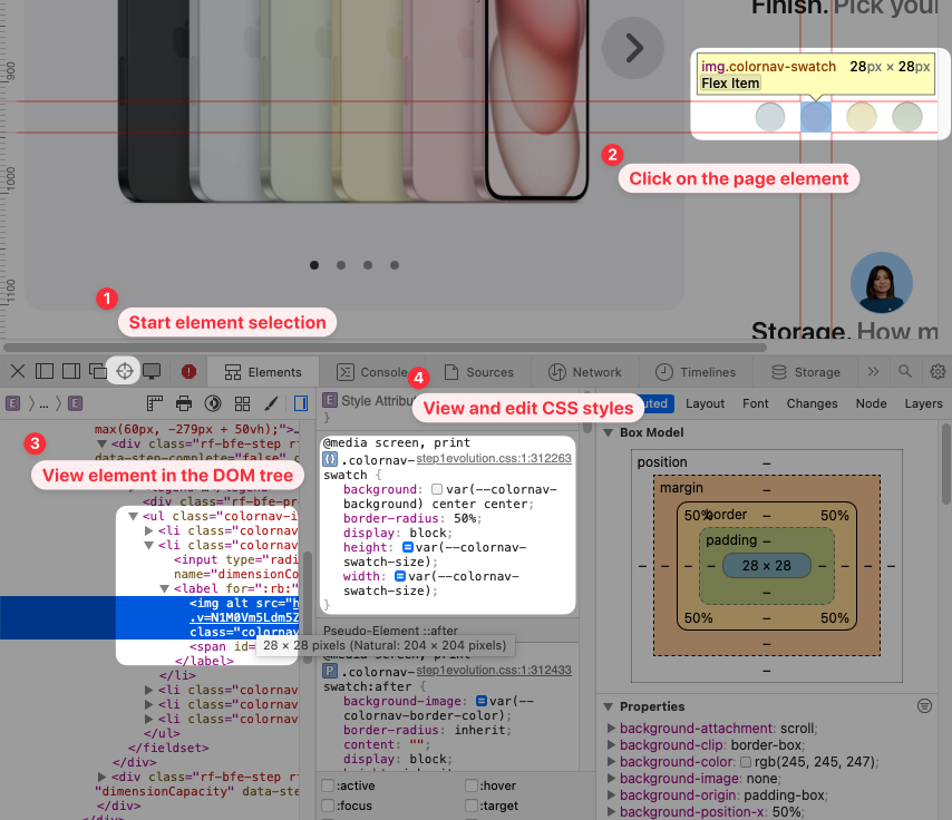 Element inspection in Safari Web Inspector