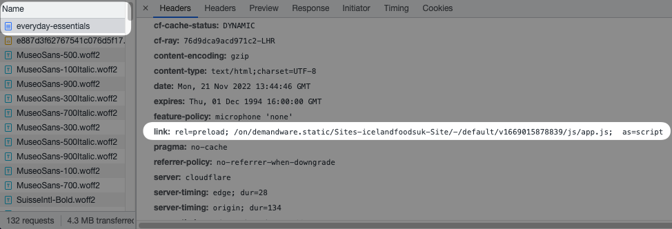The new link preload header in the Network tab