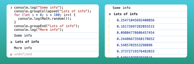 Grouped messages in the console