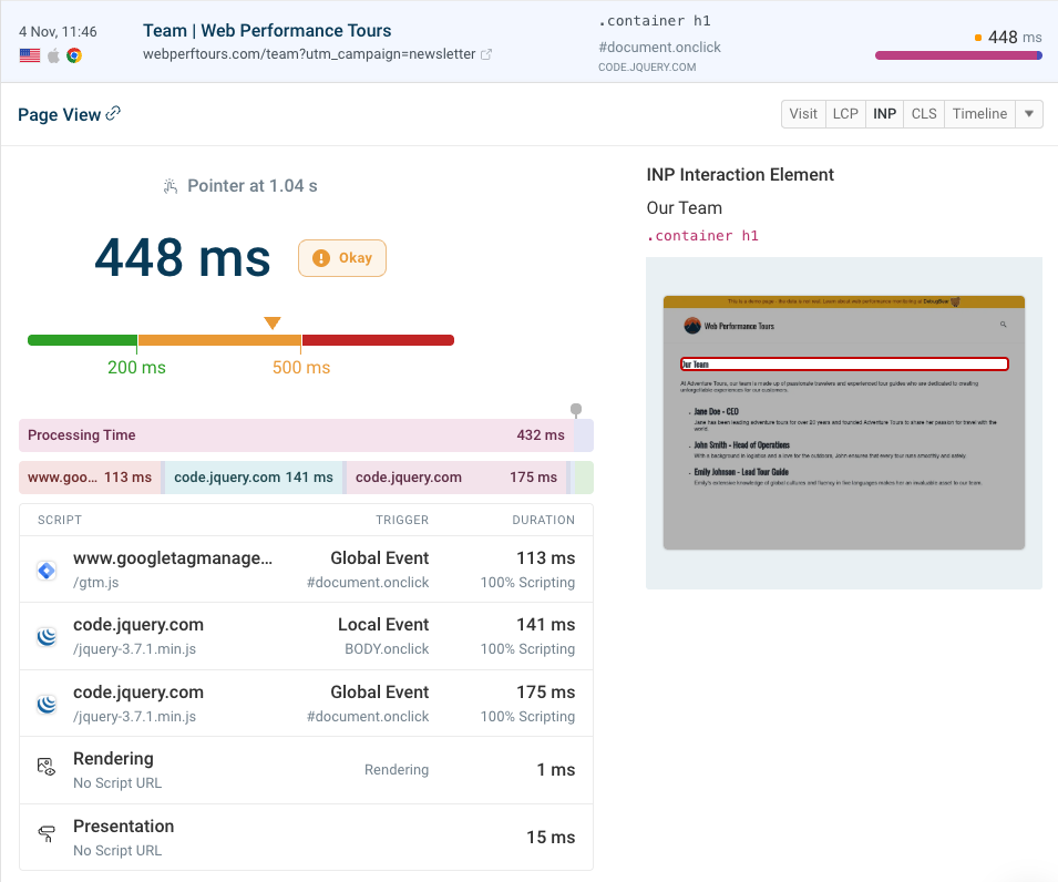 DebugBear RUM INP details