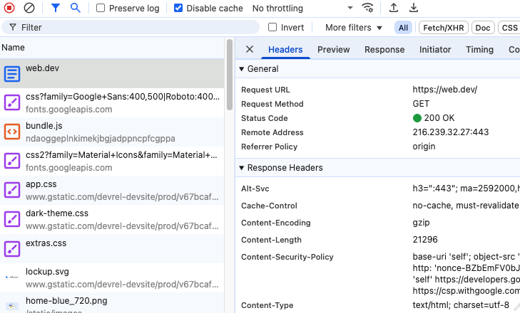 HTTP headers in Chrome DevTools