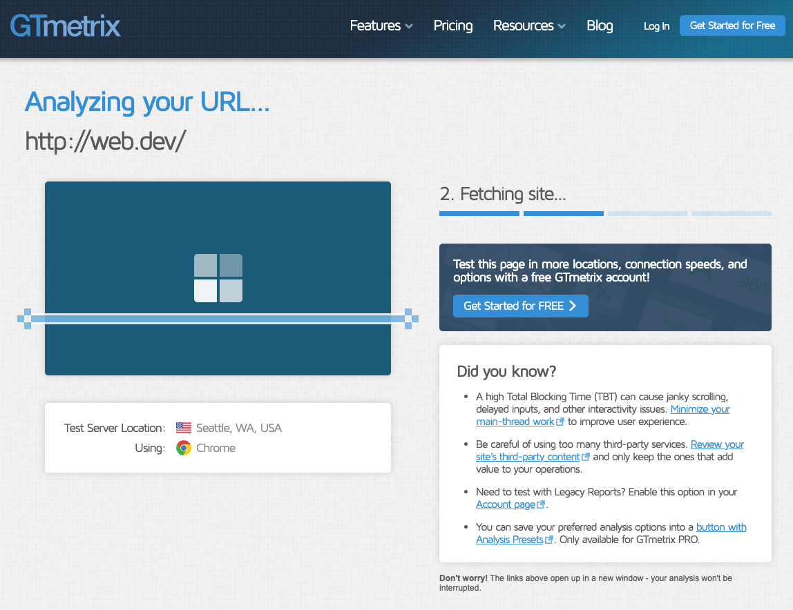 GTmetrix loading screen