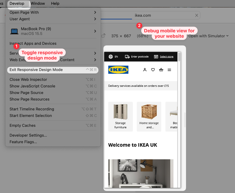 Responsive design mode in Safari