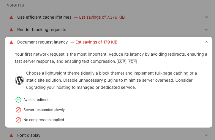 Document request latency insights audit on PageSpeed Insights