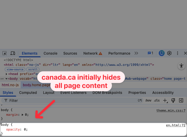 Canada homepage body opacity while the page is loading